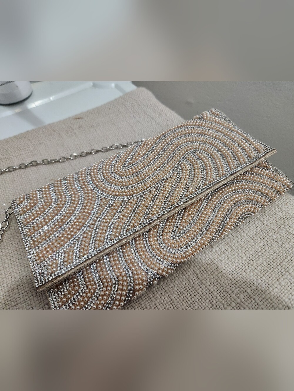 Pearl Embellished Clutch Bag in Champagne and Silver - Picture 2 of 10